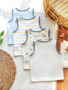 SHEIN Vintaside Kids Bộ 4 áo tank top trắng thoải mái cho bé trai và bé gái, kiểu dáng cổ điển, đa năng, phù hợp mặc hàng ngày, đi nghỉ mát, đi học, dự tiệc, mùa xuân/hè. - Nhiều màu - Xem 2