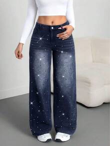 SHEIN Tall Women's Skinny Fit Straight Leg Jeans, Black With Rhinestone Embellishment Glitter Jeans Wide Leg Jeans Woman Rhinestone Jeans Wide Leg Jeans Jeans With Rhinestones - Dark Wash - View 1