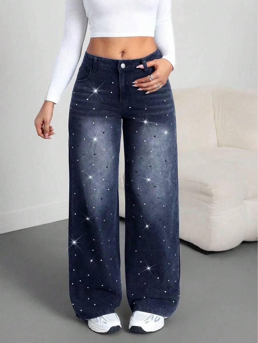 SHEIN Tall Women's Skinny Fit Straight Leg Jeans, Black With Rhinestone Embellishment Glitter Jeans Wide Leg Jeans Woman Rhinestone Jeans Wide Leg Jeans Jeans With Rhinestones - Dark Wash - View 1