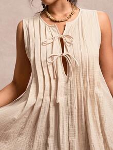 Freevana Bohemian Sleeveless Pleated V-Neck Drawstring Loose A-Line Dress, Minimalist Relaxed Linen Casual Short Dress, Summer - Apricot - View 7