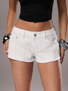 TRNVIE Fashionable Casual Distressed Low Waist Denim Shorts - Medium Wash - View 3