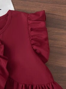Elladie kids Young Girls Cute Ruffle Hem Asymmetrical Design & Bow Print Casual Pants Set - Burgundy - View 6