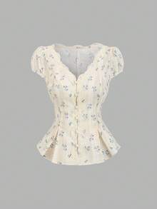 Sweetra Women's Sweet & Cute Casual Daily Wear Fashion Versatile Embroidered & Printed Fabric Splicing Lace Trim Waist V-Neck Short Sleeve Cropped Blouse, Spring/Summer - Multicolor - View 1