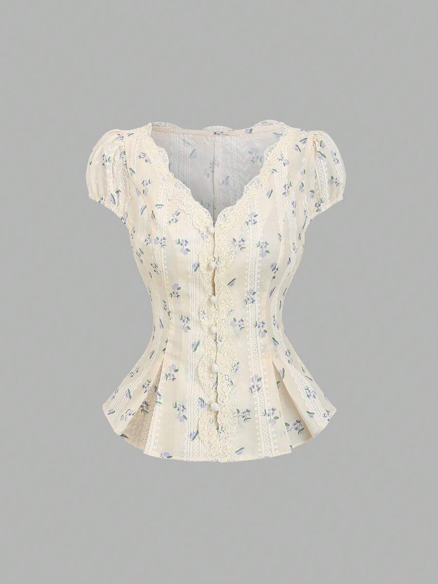 Sweetra Women's Sweet & Cute Casual Daily Wear Fashion Versatile Embroidered & Printed Fabric Splicing Lace Trim Waist V-Neck Short Sleeve Cropped Blouse, Spring/Summer - Multicolor - View 1