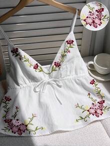 SHEIN EZwear Áo ba lỗ không tay thắt eo thêu hoa phong cách nghỉ dưỡng dành cho nữ - trắng - Xem 3