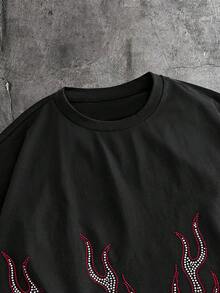 AXEPEAK Men's Casual Fashionable Streetwear Rhinestone Flame Graphic Short Sleeve T-Shirt, Summer - Black - View 8