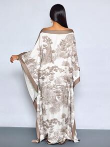 SOLERSUN 女士优雅披肩印花长款连衣裙，露肩沙滩轻盈度假晚礼服，优雅米色印花披肩式长款连衣裙，露肩正式鸡尾酒会礼服 - 咖啡 - 查看 2