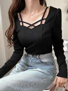 FRIFUL 女士纯色心形领镂空修身优雅长袖T恤 - 黑色 - 查看 1