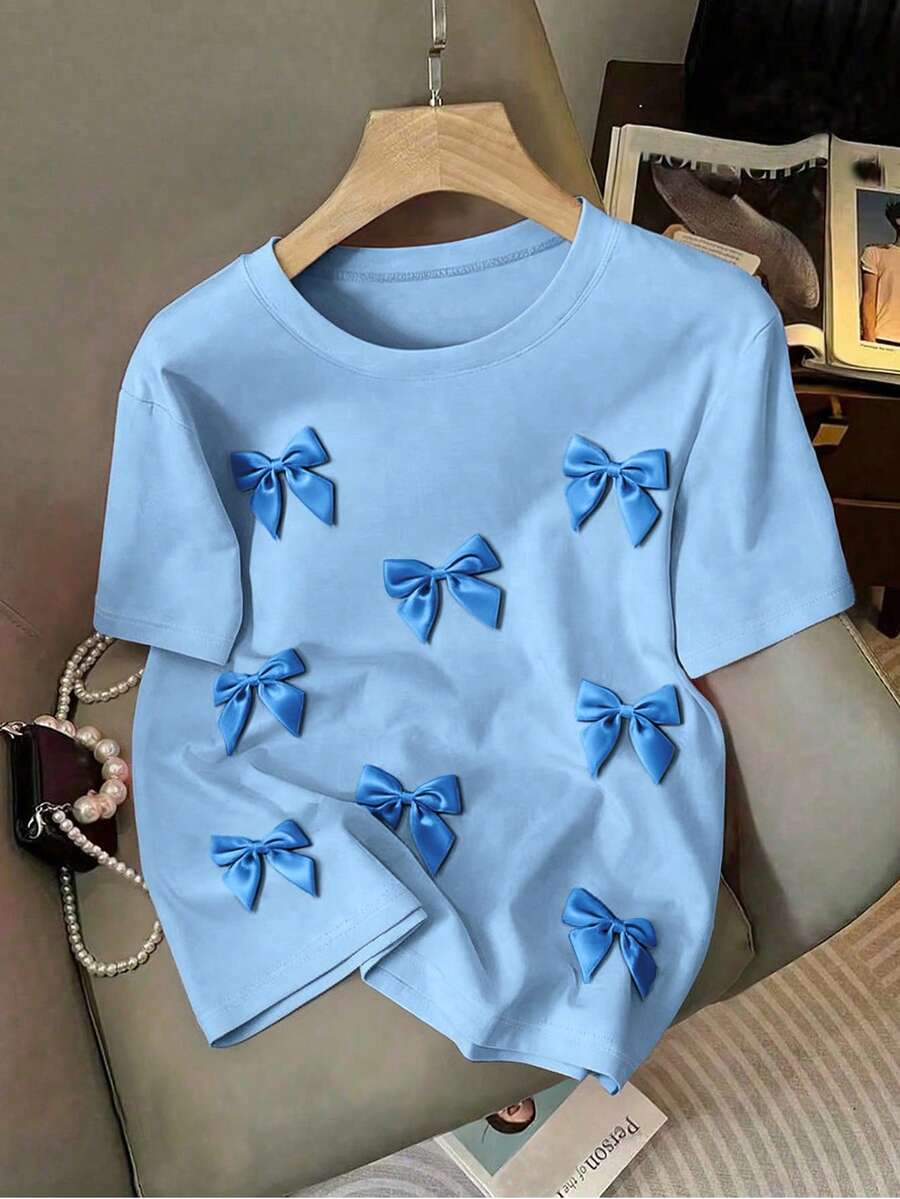 EMERY ROSE 女士休闲圆领3D蝴蝶结短袖T恤，夏季款式，大码上衣 - 藍色 - 查看 1