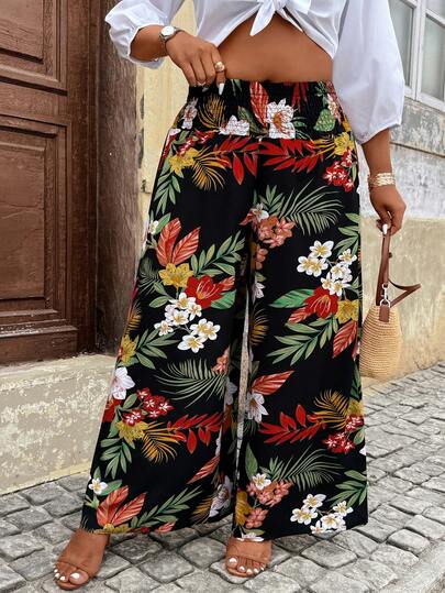 Breezaya Plus Size Women Coconut Leaf Floral Waist Cinched Casual Wide Leg Pants, Suitable For Spring And Summer