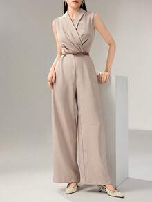Heiryn Bộ áo liền quần không tay ống rộng màu trơn thời trang thanh lịch dành cho nữ - Màu Khaki - Xem 6