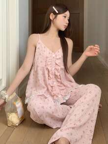 DAZY 2件套女士碎花蕾丝拼接无袖吊带背心和宽松直筒裤睡衣套装，夏季 - 粉色 - 查看 6