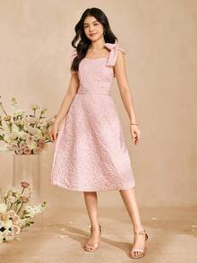 Đầm dài thanh lịch, sang trọng màu hồng jacquard, thiết kế dây mảnh, eo có thể tháo rời, ôm sát, tuyệt đẹp dành cho thiếu nữ. - Hồng - Xem 4