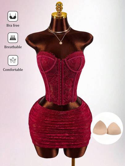 Amplova Bộ đồ hai mảnh ren xương cá gợi cảm dành cho nữ, áo crop top và chân váy ngắn, trang phục thời trang phù hợp cho buổi hẹn hò ngày Valentine, áo quây hở lưng quyến rũ.