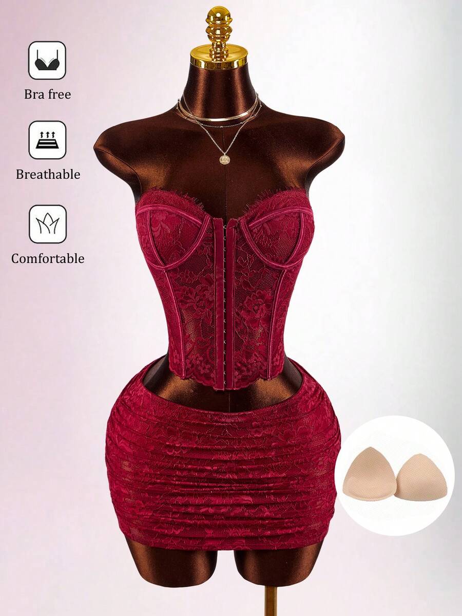 Amplova Bộ đồ hai mảnh ren xương cá gợi cảm dành cho nữ, áo crop top và chân váy ngắn, trang phục thời trang phù hợp cho buổi hẹn hò ngày Valentine, áo quây hở lưng quyến rũ. - Màu Đỏ Sâu - Xem 1