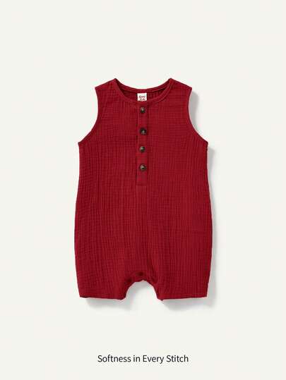 Cozy Pixies 男婴纯色装饰纽扣圆领无袖连体短裤