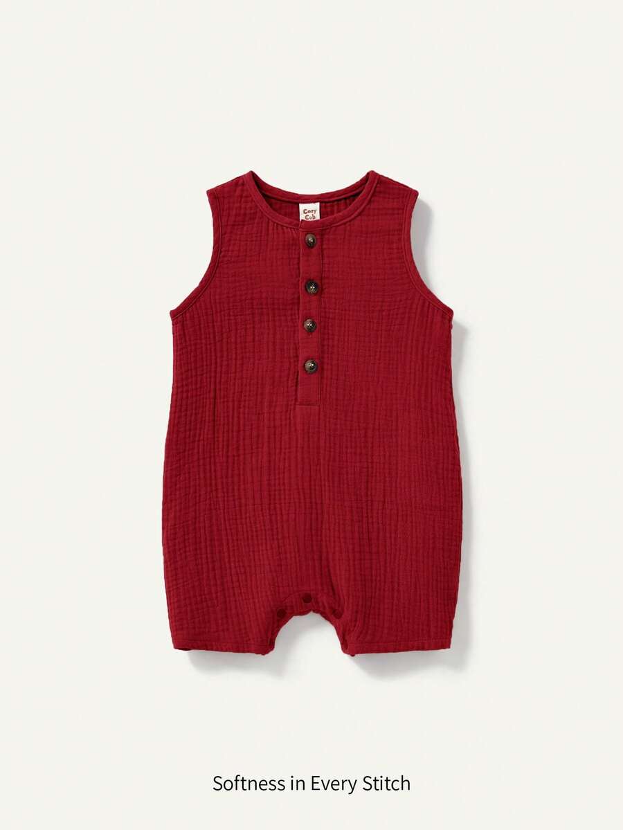 Cozy Pixies Baby Boy Solid Color Decorative Button Round Neck Sleeveless Romper Shorts,Kids - Red - View 1