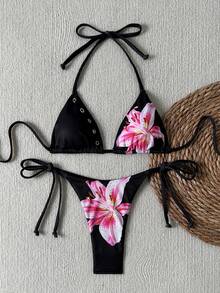 Swim SXY Dam Ny vår/sommar V-ringad halterneck rygglös mönstrad triangelbikini i två delar badkläder - Multifärgad - Visa 6