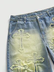 ROMWE MEN Street Life Men's Fashion Cross Pattern Belted Distressed Denim Shorts - Blue - View 10