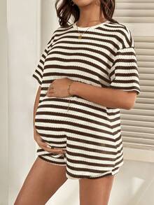 SHEIN Maternity Drop Shoulder Striped 2 Pieces Set - Brown - View 5