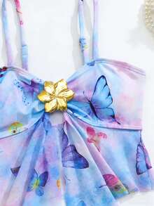 SHEIN 少女蝴蝶渐变数码印花比基尼套装，金属装饰，网纱拼接，细肩带，适合海滩度假，春夏秋季穿着 - 彩色 - 查看 6