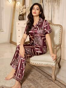 Women's Elegant Geometric Totem Retro Print Faux Silk Cardigan Short Sleeve Pajama Set - Multicolor - View 6