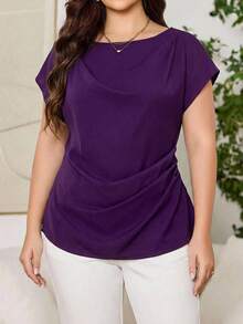 Reflora Plus Size Solid Color Boat Neck Draped Short Sleeve Blouse, Elegant Summer - Purple - View 2