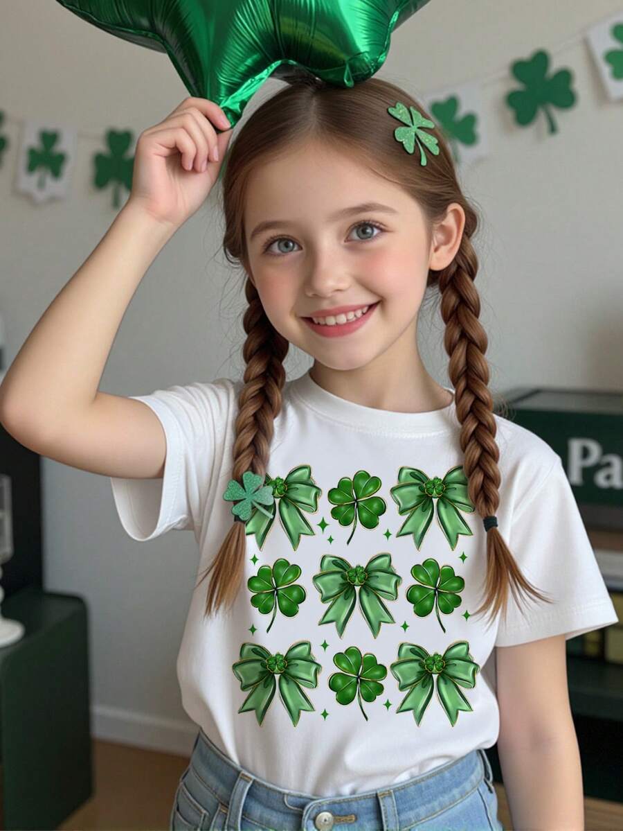 Young Girl Casual Minimalist Fashion Short Sleeve T-Shirt, St. Patrick's Day Bow Design Pattern, St. Patrick's Day T-Shirt, Clover Bow, Fashionable Round Neck Short Sleeve T-Shirt Suitable For Spring And Summer, Comfortable And Relaxed, Summer Wear, Casual Fashion, Spring And Summer Street Wear, Outdoor Picnic, Street Photography, Campus, Holiday, Gift - White - View 1