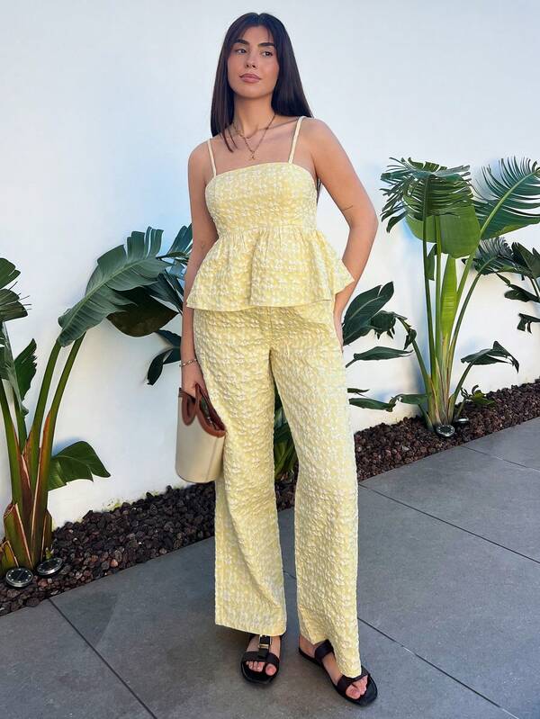 Hitanina 2件套女士优雅提花吊带背心和裤子套装，夏季