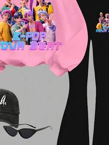 SHEIN 2 件套年轻女孩多巴胺颜色，K-POP 卡通女孩，回到学校，复古甜美美拉德风格，学院时尚轻松氛围，芭蕾美学，休闲宽松圆领长袖运动衫和喇叭裤套装，适合秋冬季 - 彩色 - 查看 6