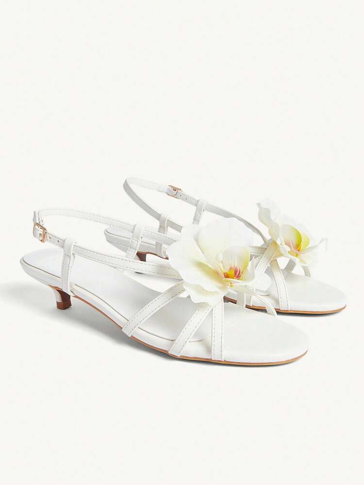 CUCCOO CHICEST Women's White PU Flower Decor Strap Elegant Fashion Kitten Heel Sandals Summer Shoes Wedding Shoes Bride Shoes