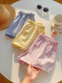 SHEIN EZwear 女士夏季三件套度假短裤，抽绳宽松款：一条粉色条纹短裤、一条米黄色条纹短裤和一条蓝色条纹短裤。适合度假外出穿着。 - 彩色 - 查看 5