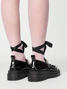 ROMWE Kawaii Women's Fashionable Sweet Bow Decor Lace-Up Flats Valentine's Day - black and white color matching - View 5