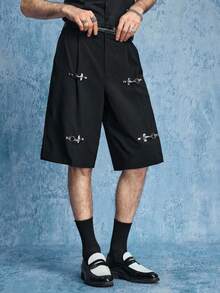 ROMWE MEN Pantalones cortos casuales de hombre de unicolor con bolsillo plisado y botones a presión - Negro - Ver 7