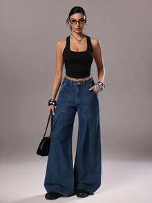 TRNVIE Women's Pocketed Button Pleated Casual Versatile Daily Wear Wide Leg Jeans - Medium Wash - View 5