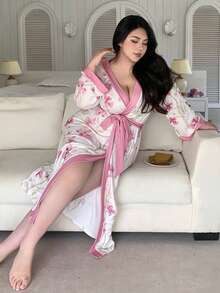 Dazy Plus Plus Size Women Floral Print Trim Tie Waist Loose Robe - Pink - View 1