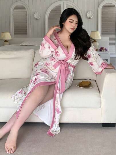 Dazy Plus Robe ample à taille nouée avec imprimé floral et bordure pour femmes grandes tailles