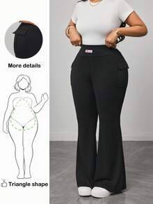 Truni Women Plus-Size Knitted Elastic Solid Color Flare Pants With Pocket, For Pear Triangle Body Shape - Black - View 1
