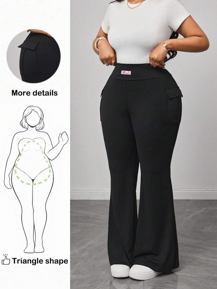Truni Women Plus-Size Knitted Elastic Solid Color Flare Pants With Pocket, For Pear Triangle Body Shape - Black - View 1