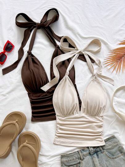 Soleia 新款优雅纯色两件套女装，系带吊带背心，适合派对、圣诞节、约会、海滩、邮轮、狂欢节、复活节、米色、咖啡色、音乐节、日常穿着