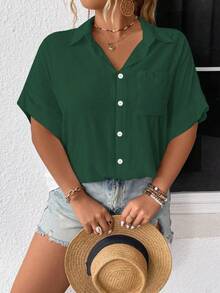 Elenzga Plus Size Women's Solid Color Lapel Single-Breasted Casual Versatile Daily Wear Short Sleeve Shirt - Dark Green - View 3
