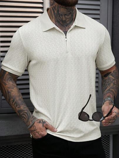 Manfinity CasualCool Men's Short Sleeve Textured Fabric Zip Collar Polo Shirt, Suitable For Home, Gatherings, And Office Wear