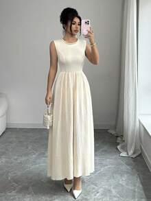 Elenzga Women's Elegant Sleeveless Midi Dress With Pearl Decor, Suitable For Summer Outings, Dates, New Year, Valentine's Day, Easter, Mother's Day, Music Festivals, Middle Eastern Weddings, Casual, Commute, Romantic, Vacation, Apricot Color White Pearl Dress Ivory Dress White Vintage Dress Summer Elegant Dress Cream Dress - Apricot - View 6