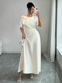 Elenzga Vestido maxi de línea A de manga corta con cuello redondo, cintura ceñida y decoración de lazo, elegante, casual, para ir al trabajo, vacaciones y romántico, para primavera/verano - Albaricoque - Ver 4