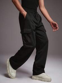 STYNVO 加大码男士抽绳腰带口袋休闲宽松运动裤，适合日常穿着 - 黑色 - 查看 6