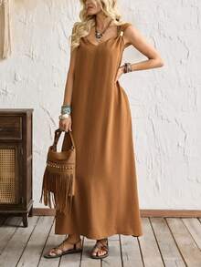 Breezaya Women's Caramel Textured Slip Dress, V-Neck Loose Drape Elegant Dress With Metal Strap - Coffee - View 6