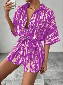 Chiquease Bộ áo liền quần tay cánh dơi in họa tiết, thắt nơ phía trước dành cho nữ. - Nhiều màu - Xem 4