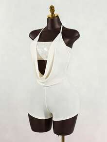 SaltGleam SaltGleam Women's Sequin Bandeau Top And Bodycon Jumpsuit 2 Pieces Set - Beige - View 5