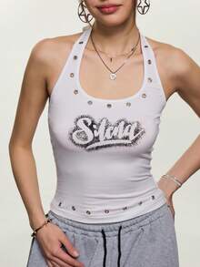 Rina Fox Women's Keyhole Backless Halter Neck Tank Top - White - View 1