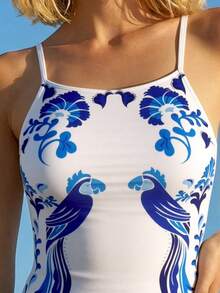 CAJUNI 女士印花时尚吊带连体泳衣 - 藍白色 - 查看 7